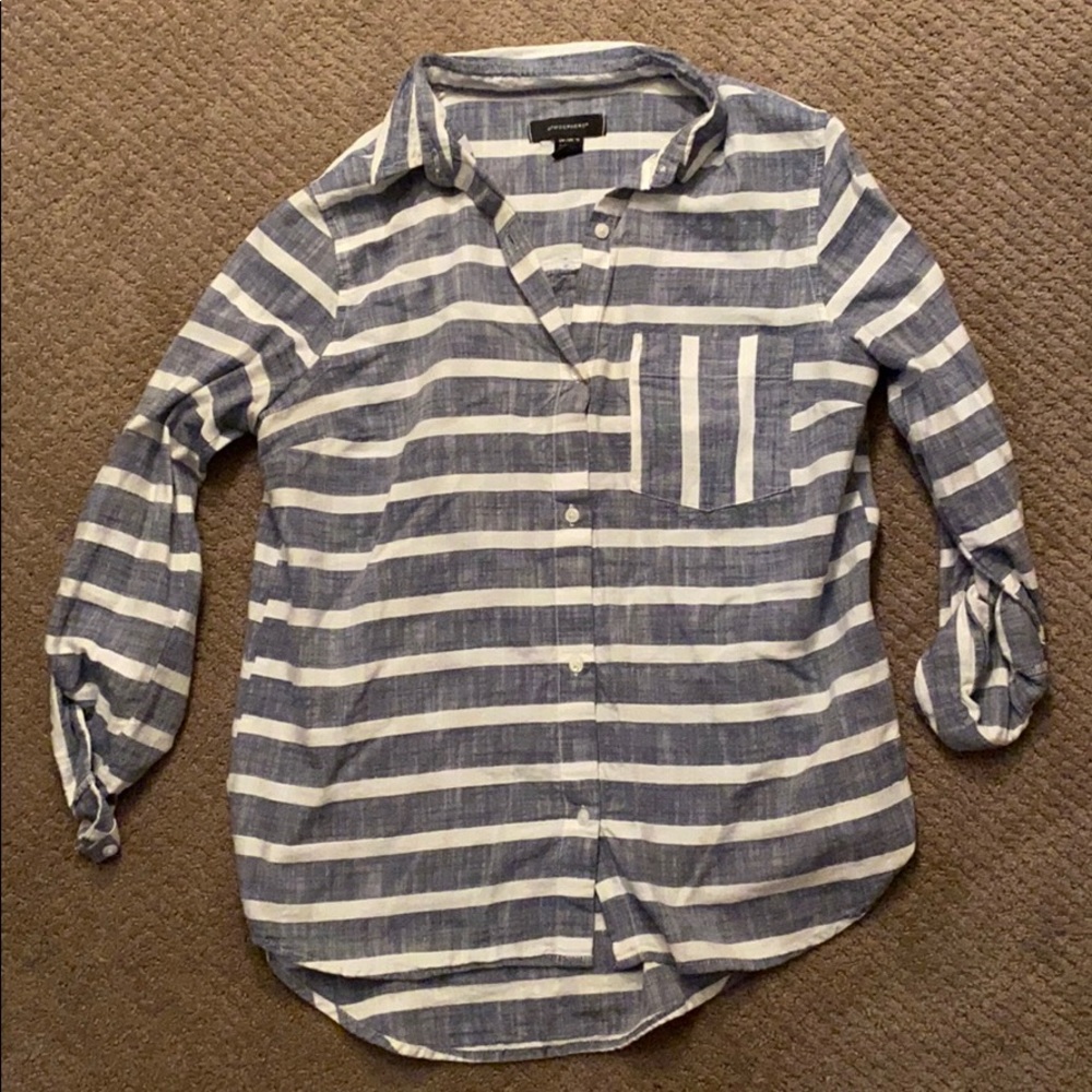 Blue and white striped long sleeve shirt